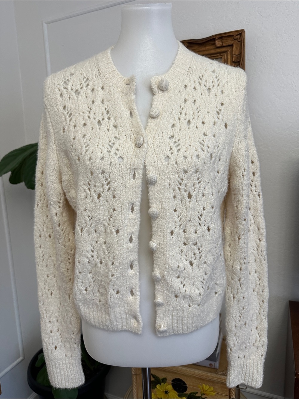 Madewell Cream Openwork Button-Front Cardigan Sezane Doen vibes